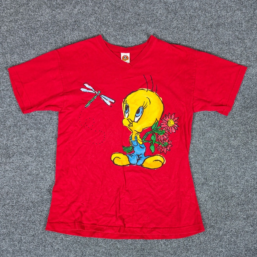 Vintage 1998 Looney Tunes Tweety Bird V-Neck T-Shirt Mens Large Red USA Fabric